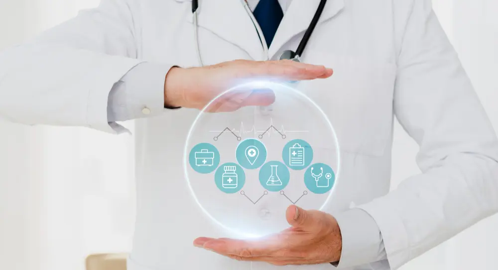 Doctor reviewing medical test results with global healthcare concept